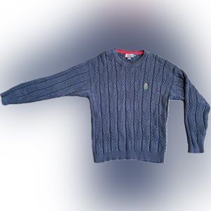 Vintage 90s Chaps Ralph Lauren Blue Cable Knit 100% Cotton Sweater RL Crest Logo